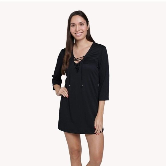 Portocruz Black Lace-Up Swim Cover-Up Tunic M NWT Resort Beach Boho Chic - Picture 1 of 12